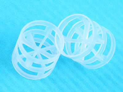There is a white plastic pall ring. It has many rectangular small openings.