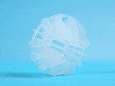 A 360° overview of plastic polyhedral hollow ring on the blue background.